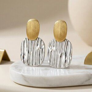 18k Gold Mixed Metal 316L Stainless Steel Two-Tone Textured Statement Earrings